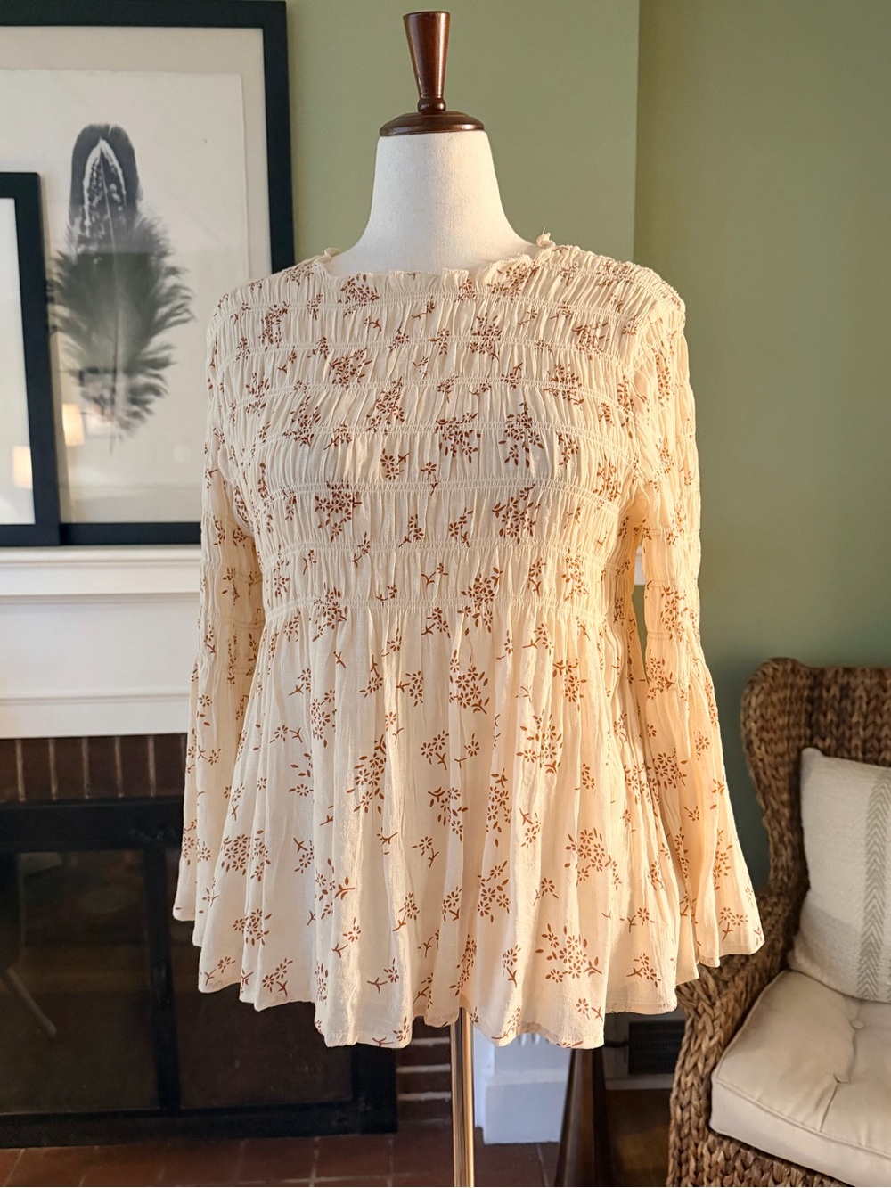 Adiva Cream and Burgundy Floral Smocked Boho Peasant Blouse - Size Large